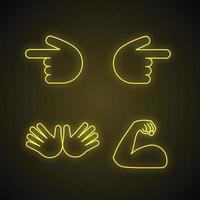 Conjunto de iconos de luz de neón de emojis de gesto de mano. revés índice apuntando a izquierda y derecha, manos abiertas, bíceps flexionado. signos brillantes. Ilustraciones de vectores aislados