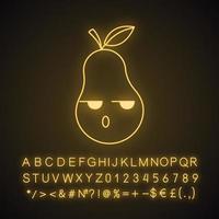 Pear cute kawaii neon light character. Serious and sad fruit. Healthy food. Funny emoji, emoticon, dissatisfied. Glowing icon with alphabet, numbers, symbols. Vector isolated illustration