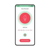 Voice recorder app smartphone interface vector template. Mobile utility page white design layout. Audio recording screen. Sound rec application flat UI. Microphone, pause, stop buttons phone display..