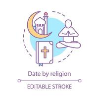 Date by religion concept icon. Find love idea thin line illustration. Romantic, religious matchmaking. Buddhism, muslim, christian niche online dating. Vector isolated outline drawing. Editable stroke