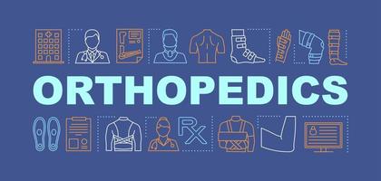 Orthopedics word concepts banner. Injury, trauma treatment. Presentation, website. Isolated lettering typography idea with linear icons. Medical corset, bandaging. Vector outline illustration