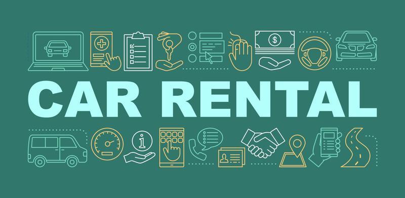 Car rental word concepts banner. Rent automobile. Auto leasing. Car pooling. Taxi service. Isolated lettering typography idea with linear icons. Vector outline illustration