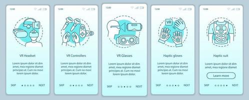 VR gadgets onboarding mobile app page screen with linear concept. Virtual reality headset, controller, gloves, haptic suit walkthrough steps graphic instructions vector