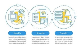 Virtual library subscription vector infographic template. Online education. E-library tariff plans. Data visualization with three steps and options. Process timeline chart. Workflow layout with icons