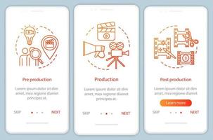 plantilla de vector de pantalla de página de aplicación móvil de incorporación de producción de video. industria cinematográfica. cinematografía. paso a paso del sitio web con ilustraciones lineales. ux, ui, concepto de interfaz de teléfono inteligente gui