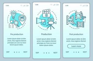 Video production onboarding mobile app page screen vector template. Film making industry. Cinematography. Walkthrough website steps with linear illustrations. UX, UI, GUI smartphone interface concept