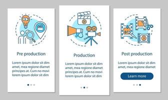 plantilla de vector de pantalla de página de aplicación móvil de incorporación de producción de video. proceso de realización de películas. cinematografía. paso a paso del sitio web con ilustraciones lineales. ux, ui, concepto de interfaz de teléfono inteligente gui