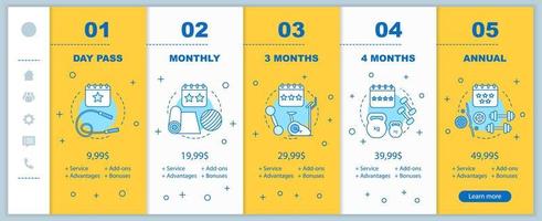 Membresía en el gimnasio incorporando pantallas de aplicaciones móviles con precios. Plantillas de sitio web de tutorial. gimnasio tarifas planes pasos. entrenamiento, tarifas de entrenamiento físico, tarifas. diseño de página web de pago de teléfono inteligente vector