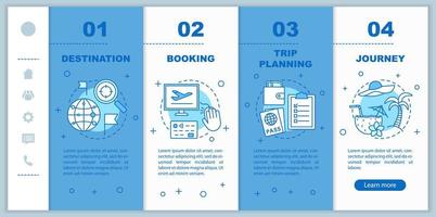 Travel organization onboarding mobile web pages vector template. Responsive smartphone website interface idea with linear illustrations. Trip planning webpage walkthrough step screens. Color concept