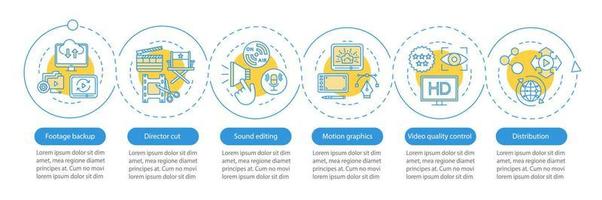 Video production services vector infographic template. Business presentation design elements. Data visualization with 6 steps and options. Process timeline chart. Workflow layout with linear icons