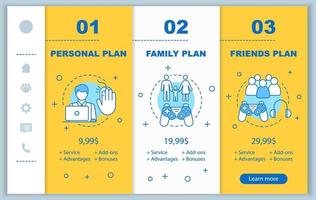 Subscription onboarding mobile app screens with service prices. Pay and play walkthrough website pages templates. Personal, family, friends tariff plans steps. Smartphone payment web page layout vector