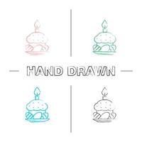 Easter cake, eggs and candle hand drawn icons set. Color brush stroke. Isolated vector sketchy illustrations
