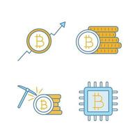 Bitcoin cryptocurrency color icons set. Market growth chart, bitcoin coins stack, mining, microchip. Isolated vector illustrations
