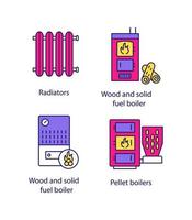 Heating color icons set. Radiator, firewood and pellet boiler, solid fuel heater. Isolated vector illustrations