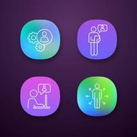 Business management app icons set. UI UX user interface. Teamwork, online job interview, chatting, decision management. Web or mobile applications. Vector isolated illustrations