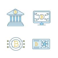 Bitcoin cryptocurrency color icons set. Online banking, bitcoin official web page, graphic card, CPU mining. Isolated vector illustrations