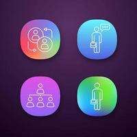 Business management app icons set. UI UX user interface. Partnership, businessman thinking, professional hierarchy, manager. Web or mobile applications. Vector isolated illustrations