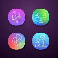 Business management app icons set. UI UX user interface. Remote job, teamwork, achievement, working hours. Web or mobile applications. Vector isolated illustrations