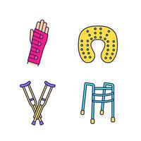 Trauma treatment color icons set. Wrist brace, neck pillow, axillary crutches, walker. Isolated vector illustrations