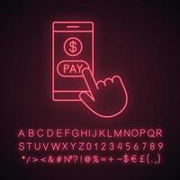 Online payment neon light icon. E-payment. Digital purchase. Cashless payments smartphone app. Hand pressing pay button. Glowing sign with alphabet, numbers and symbols. Vector isolated illustration