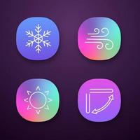 Air conditioning app icons set. Snowflake, airflow, sun, air conditioner louvers. UI UX user interface. Web or mobile applications. Vector isolated illustrations