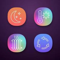 Air conditioning app icons set. Night climate, summer temperature, radiator, ventilation. UI UX user interface. Web or mobile applications. Vector isolated illustrations