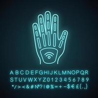 Human microchip implant in hand neon light icon. NFC implant. Implanted RFID transponder. Glowing sign with alphabet, numbers and symbols. Vector isolated illustration