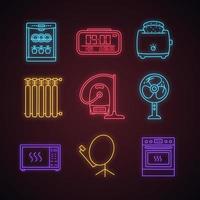 Household appliance neon light icons set. Dishwasher, digital clock, slice toaster, radiator, vacuum cleaner, fan, microwave oven, satellite dish, stove. Glowing vector isolated illustrations