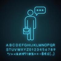 Thinking businessman neon light icon. Managers opinion. Speech. Man talking. Person with speech bubble and briefcase. Glowing sign with alphabet, numbers and symbols. Vector isolated illustration