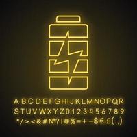 Battery charging neon light icon. Battery level indicator. Glowing sign with alphabet, numbers and symbols. Vector isolated illustration