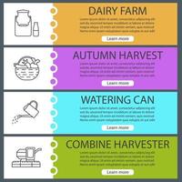 Agriculture web banner templates set. Dairy farm, autumn harvest, watering can, combine harvester. Website color menu items with linear icons. Vector headers design concepts