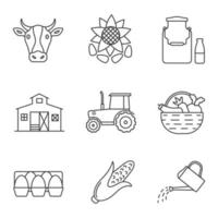 conjunto de iconos lineales de agricultura. agricultura. vaca, girasol con semillas, lata de leche, granero, tractor, verduras, bandeja de huevos, maíz, lata de riego. símbolos de contorno de línea delgada. Ilustraciones de vectores aislados