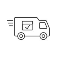 Delivery van with checkmark linear icon. Fast shipping. Thin line illustration. Freight transport. Contour symbol. Vector isolated outline drawing