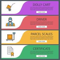 Cargo shipping web banner templates set. Delivery service. Dolly cart, driver, parcel scales, certificate. Website color menu items. Vector headers design concepts
