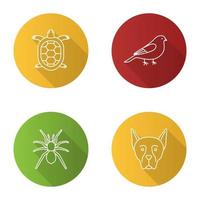 Pets flat linear long shadow icons set. Tortoise, canary, spider, Doberman Pinscher. Vector outline illustration