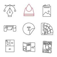 Printing linear icons set. Fountain pen, ink, brochure, large format printer, round sticker, palettes, paper sizes, booklet, magazine. Thin line contour symbols. Isolated vector outline illustrations