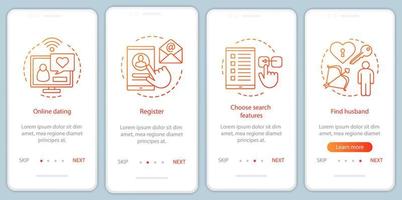 Online dating onboarding mobile app page screen vector template. Register, choose search features, find husband website instructions with linear illustrations. UX, UI, GUI smartphone interface concept