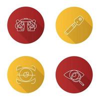 Ophtalmology flat linear long shadow icons set. Phoropter, ophthalmoscope, retina scan, eyesight test. Vector outline illustration