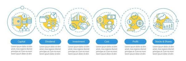 plantilla de infografía de vector de negocio. capital, dividendo, inversión, costo, beneficio, acciones y participaciones. visualización de datos con seis pasos y opciones. gráfico de línea de tiempo del proceso. diseño de flujo de trabajo con iconos