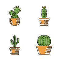 House cacti in pot color icons set. Succulents. Cacti collection. Prickly pear, hedgehog cactus, saguaro, barrel cactus. Isolated vector illustrations
