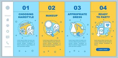 Getting ready for party onboarding mobile web pages vector template. Responsive smartphone interface idea with linear illustrations. Beauty salon webpage walkthrough step screens. Appropriate dress