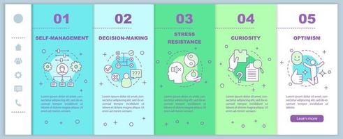 habilidades de liderazgo y gestión que incorporan la plantilla vectorial de páginas web móviles. hr cualidades. curiosidad, optimismo. interfaz de sitio web de teléfono inteligente sensible. pantallas de pasos del tutorial de la página web. concepto de color vector