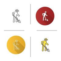 Farmer working with shovel icon. Flat design, linear and color styles. Agricultural worker. Isolated vector illustrations