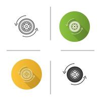 Automobile wheel changing icon. Flat design, linear and color styles. Car rim and tire with circle arrow. Isolated vector illustrations