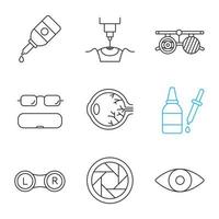 Ophtalmology linear icons set. Eye drops and dropper, laser surgery, exam glasses, spectacles case, lens box, diaphragm, eyesight. Thin line contour symbols. Isolated vector outline illustrations