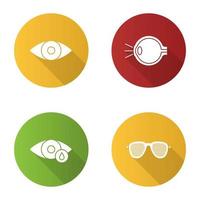 conjunto de iconos de glifo de sombra larga de diseño plano de oftalmología. anatomía del ojo humano, gotas, gafas estenopeicas. ilustración de silueta vectorial vector