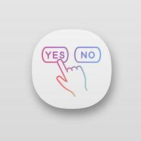 Yes or no click app icon. UI UX user interface. Accept and decline buttons. Hand pressing button. Web or mobile application. Vector isolated illustration