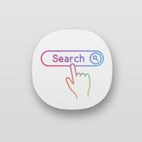 Search button click app icon. Internet surfing. Hand pressing find button. UI UX user interface. Web or mobile application. Vector isolated illustration