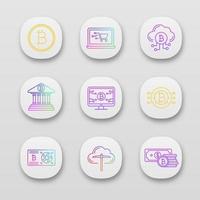 Bitcoin cryptocurrency app icons set. UI UX user interface. Coin, online shopping, cloud mining, banking, bitcoin webpage, graphic card, CPU mining, cryptocurrency. Vector isolated illustration