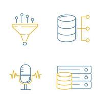 Machine learning color linear icons set. Data filtering, relational database, server, voice recognition. Thin line illustrations. Isolated vector illustrations